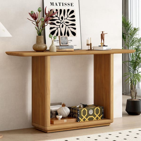 59.8 in Natural Specialty Curved Corners Acacia Venner and MDF Console Table with U-Base