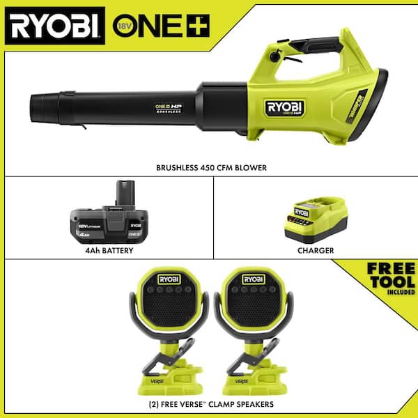 ONE+ HP 18V Brushless 450 CFM Leaf Blower w/ 4.0 Ah Battery, Charger, & (2) FREE ONE+ 18V Cordless VERSE Clamp Speakers