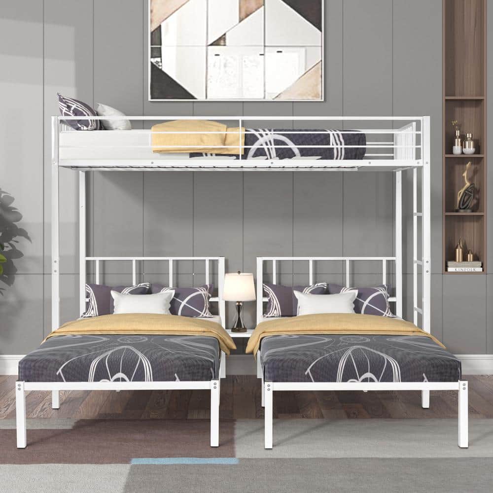 Polibi White Triple Twin Bunk Bed, Can Be Separated into 3-Twin Beds,  Sturdy Metal, Bunk Bed for 3, Safety Guardrail RS-46650-6 The Home Depot