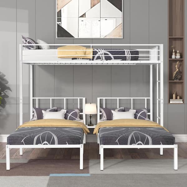 Polibi White Triple Twin Bunk Bed, Can Be Separated into 3-Twin Beds, Sturdy Metal, Bunk Bed for 3, Safety Guardrail