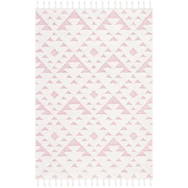 Moroccan Tassel Shag 7 ft. x 9 ft. Ivory/Pink High-Low Geometric Fringe Area Rug