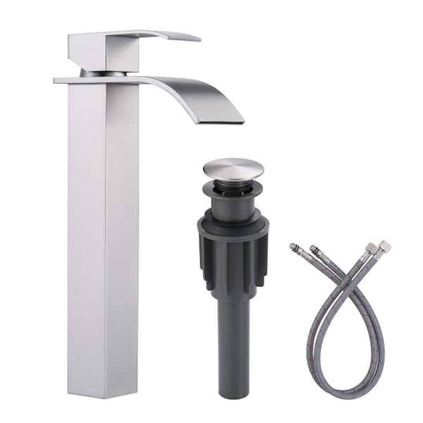 Single Handle Waterfall Single Hole Bathroom Faucet with Drain Kit Included in Brushed Nickel