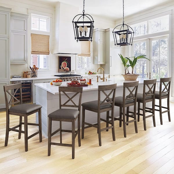 OrangeOne 26 in. Rustic Brown Upholstered Barstool X-Shaped Backrest Solid Wood Counter Height Bar Stool (Set of 6)