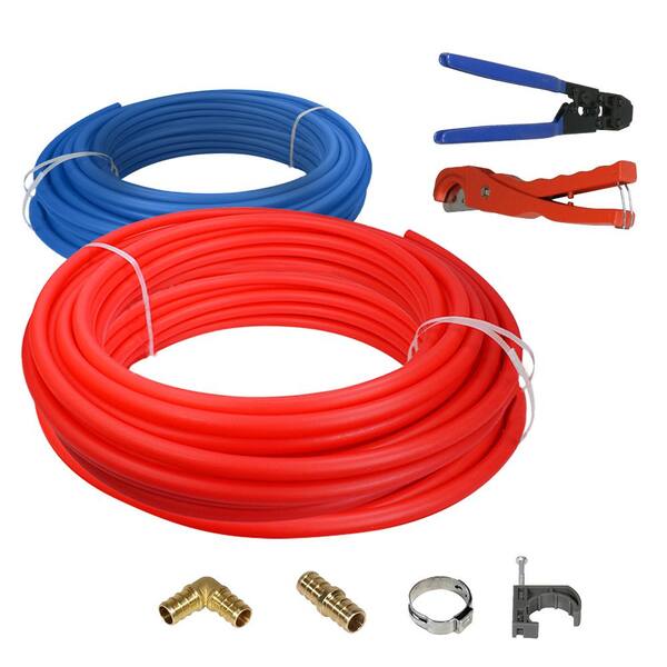 The Plumber's Choice 1/2 in. x 500 ft. PEX Tubing Plumbing Kit - Crimper and Cutter Tools Tubing Elbow Cinch Half Clamp - 1 Red 1 Blue