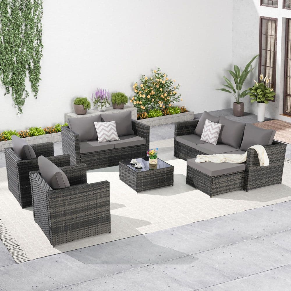 Gray Rattan Wicker 8-Seat, 5-Piece Outdoor Patio Sectional Sofa Set with Gl