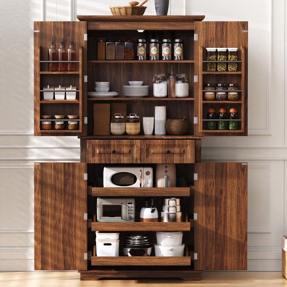 31.5 in. W x 15.7 in. D x 71.2 in. H Brown Linen Cabinet Kitchen Pantry with 6-Door Shelves, 2-Drawers price history on PriceWatchPro