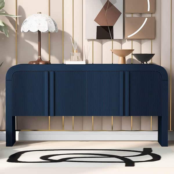 Navy Blue Wood 63 in. Sideboards with 4 Doors and Adjustable Shelf