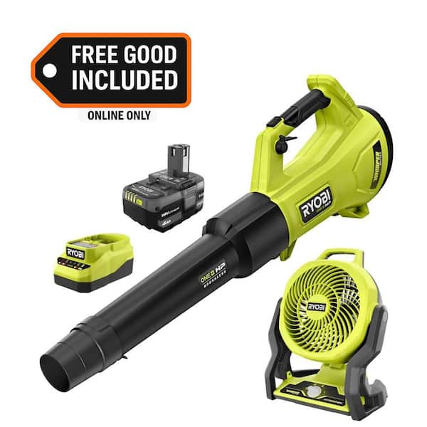 ONE+ HP 18V Brushless 450 CFM Cordless Leaf Blower w/ 4.0 Ah Battery, Charger & FREE ONE+ 18V Cordless Hybrid 7-1/2" Fan