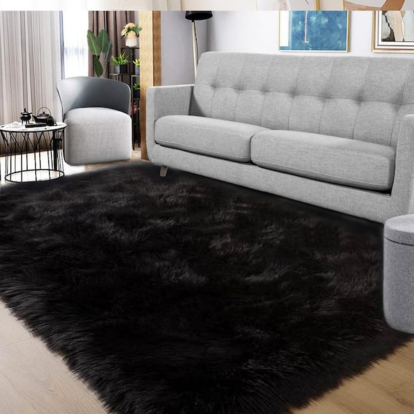 Sheepskin Faux Fur Black 5 ft. x 7 ft. Cozy Fluffy Rugs Area Rug