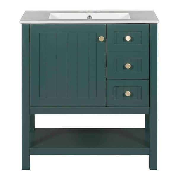 30 in. W x 18 in. D x 34 in. H Single Sink Freestanding Bath Vanity in Green with White Ceramic Top