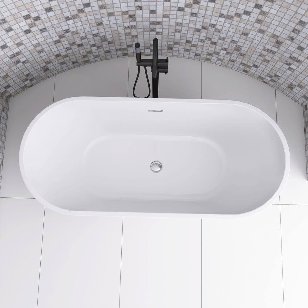 63'' White Acrylic Freestanding Soaking Bathtub with Center Drain