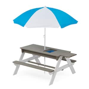 3-in-1 Kids Gray Outdoor Wooden Rectangle Picnic Table with Benches and Colorful Umbrella