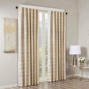 Odessa Gold Total Blackout Marble Jacquard Rod Pocket/Back Tab Window Curtain Panel 50 in. W x 84 in. L