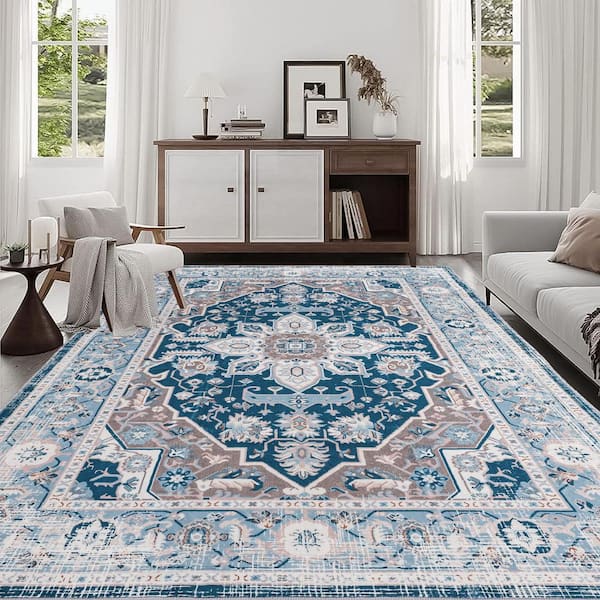 8 X 10 Blue Abstract Washable Area Rug for Bedroom, Living Room, Entryway