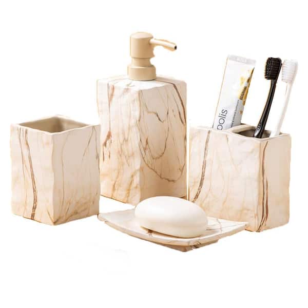 Ceramic Bathroom Accessory Set Complete 4 Pieces Retro Style Soap Dispenser and Toothbrush Holder Sets (Marble Brown)