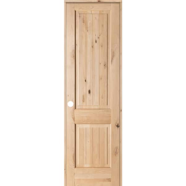 Krosswood Doors 28 in. x 96 in. Knotty Alder 2 Panel Square Top V-Groove Solid Wood Right-Hand Single Prehung Interior Door