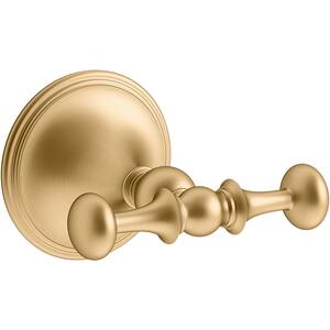 Decorative Double Robe Hook in Vibrant Brushed Moderne Brass