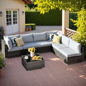 Helene Gray 7-Piece Wicker Outdoor Furniture Patio Conversation Sectional Sofa Set with Light Grey Cushions