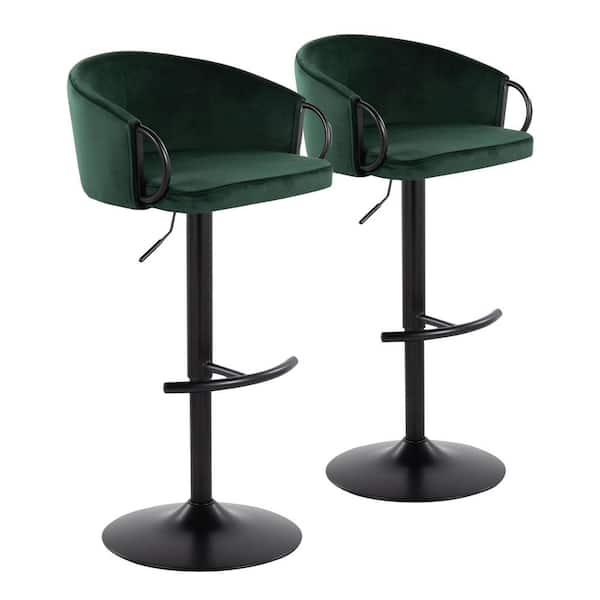 Lumisource Claire 33 in. Green Velvet and Black Metal Adjustable Bar Stool with Rounded T Footrest (Set of 2)