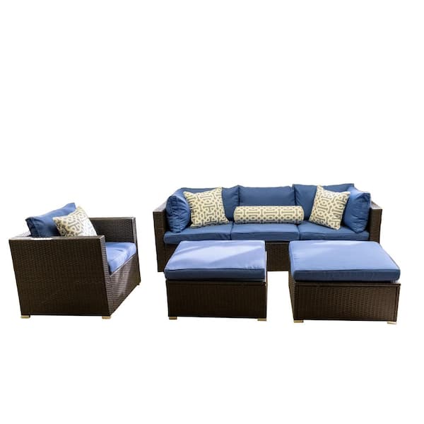 Afoxsos Brown 6-Piece Wicker PE Rattan Patio Outdoor Dining Conversation Sectional Sofa Set with Ottomans and Blue Cushions