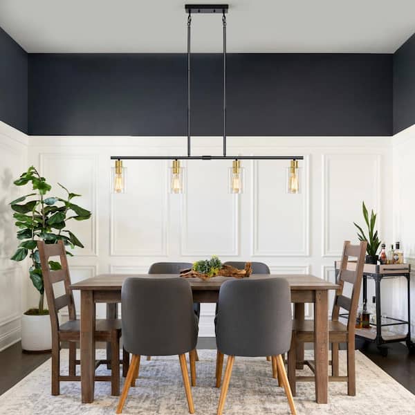4-Light Black/Gold Industrial Linear Chandelier with Glass Shades for Kitchen Island with No Bulbs Included
