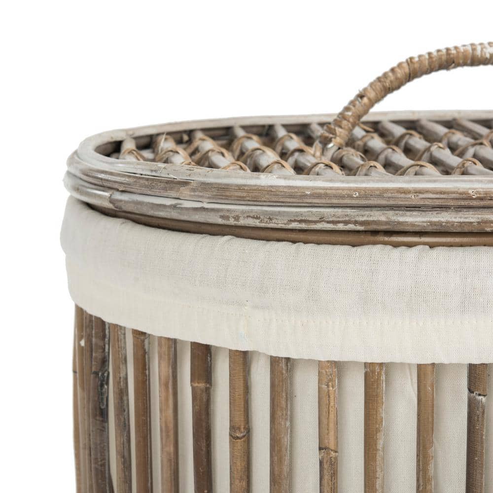 White Wash Rattan Cylinder Laundry Hampers with Removable Lids