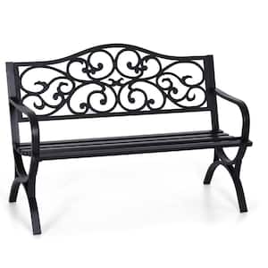ブラックフローラルメタルベンチ 50 in. Black Cast Iron Metal Frame Outdoor Bench with Floral