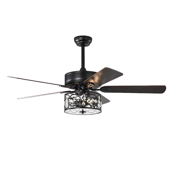HKMGT Modern 52 in. Indoor Black Ceiling Fan with Crystal Caged Lampshade, 2-Color-Option Blades and Remote Included