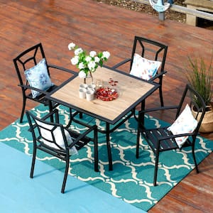 Black 5-Piece Metal Outdoor Patio Dining Set with Wood-Look Square Table and Fancy Stackable Chairs