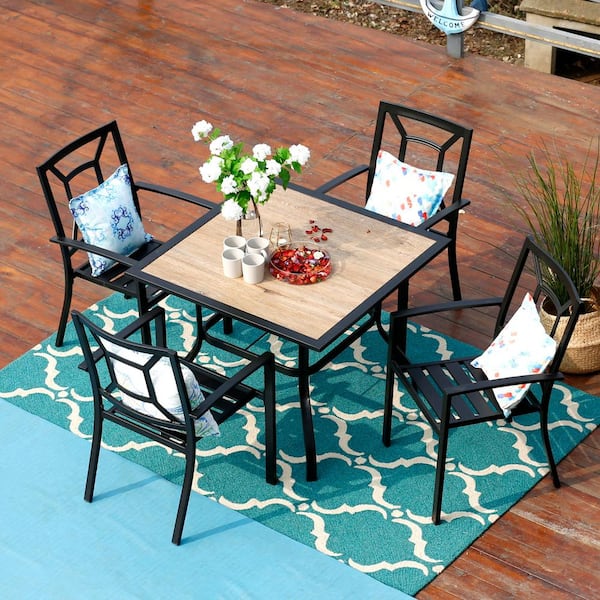 PHI VILLA Black 5-Piece Metal Outdoor Patio Dining Set with Wood-Look Square Table and Fancy Stackable Chairs