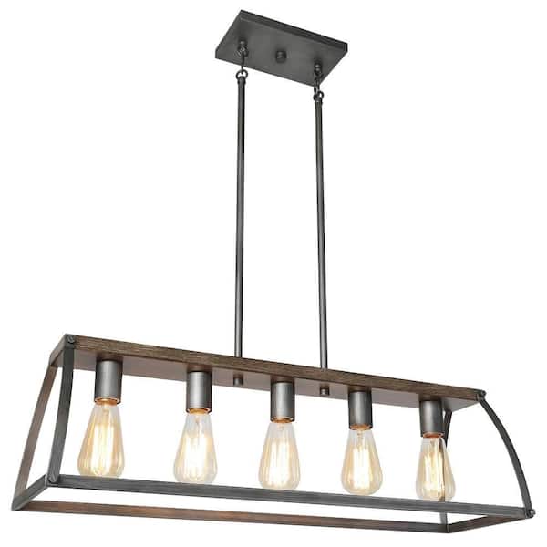 Unbranded 5-Light Brushed Aged Silver and Wooden Texture Island Chandelier