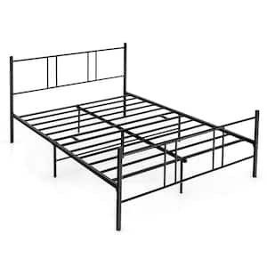 Black Steel Frame Queen Size Platform Bed with High Headboard, Not Need Box Spring