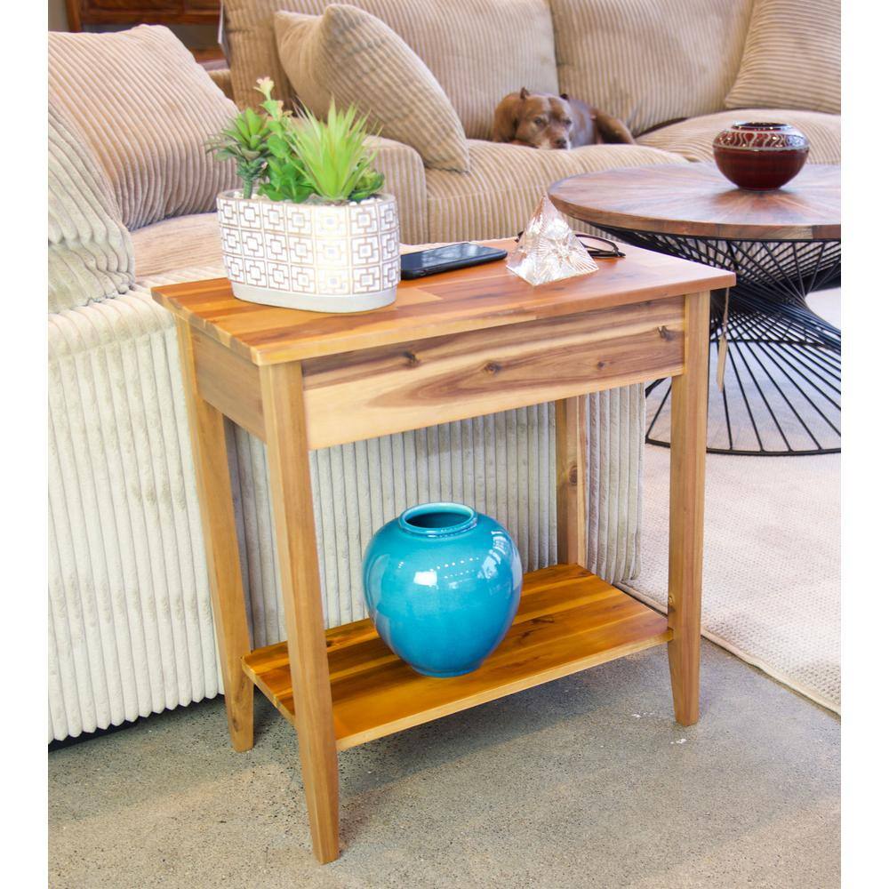 Natural Acacia Wood and Metal End Table with Storage
