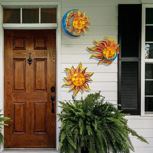 13 in. W x 13 in. H Multi-Colored Metal Outdoor Sun Face 3D Wall