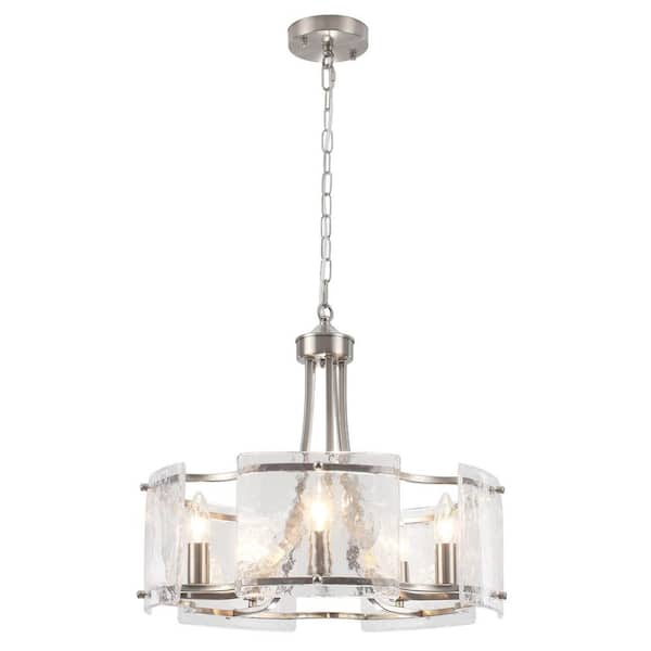 5 Light 18.9'' Nickel Drum Glass Chandelier Over Table Bedroom Light Fixture For Living Room with no bulbs included