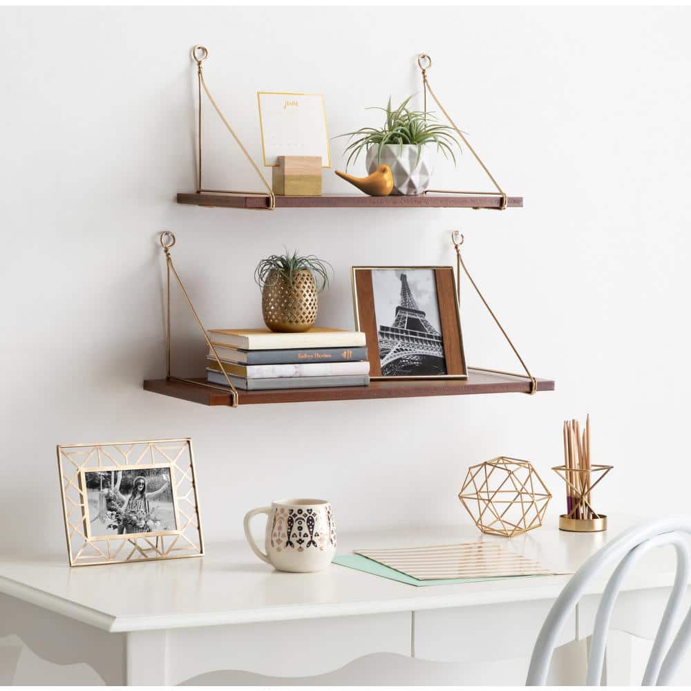 Walnut Brown Floating Wood Wall Shelf Duo, 26.5 in