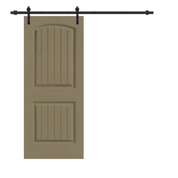 CALHOME Elegant 30 in. x 80 in. Olive Green Stained Composite MDF 2 Panel Camber Top Sliding Barn Door with Hardware Kit