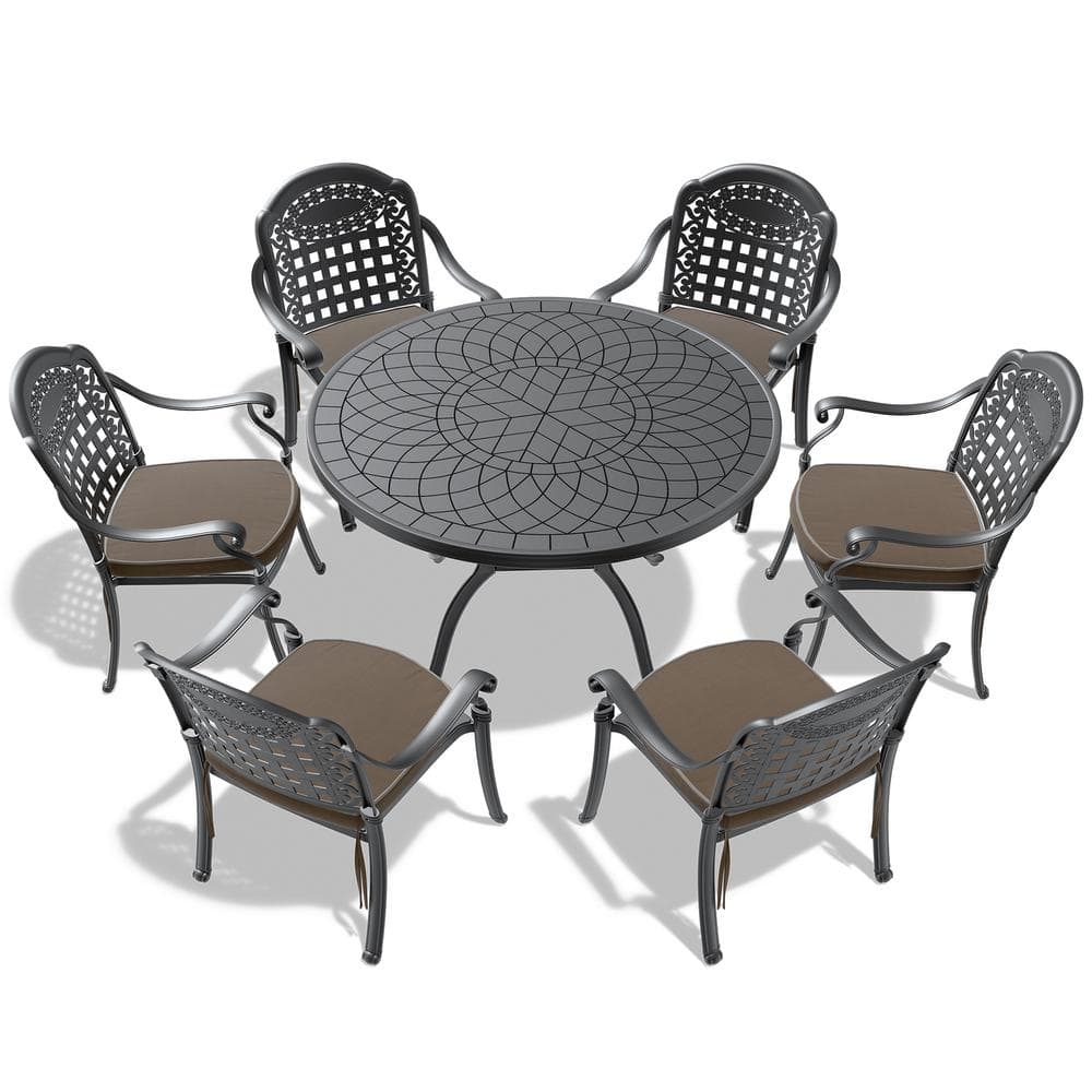 Black Cast Aluminum 7-Piece Outdoor Dining Set with Random Color Cushions