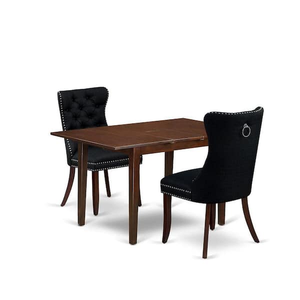 East West Furniture 3-Piece Mahogany Finish Rectangular Solid Wood Top with Butterfly Leaf Dining Table Set
