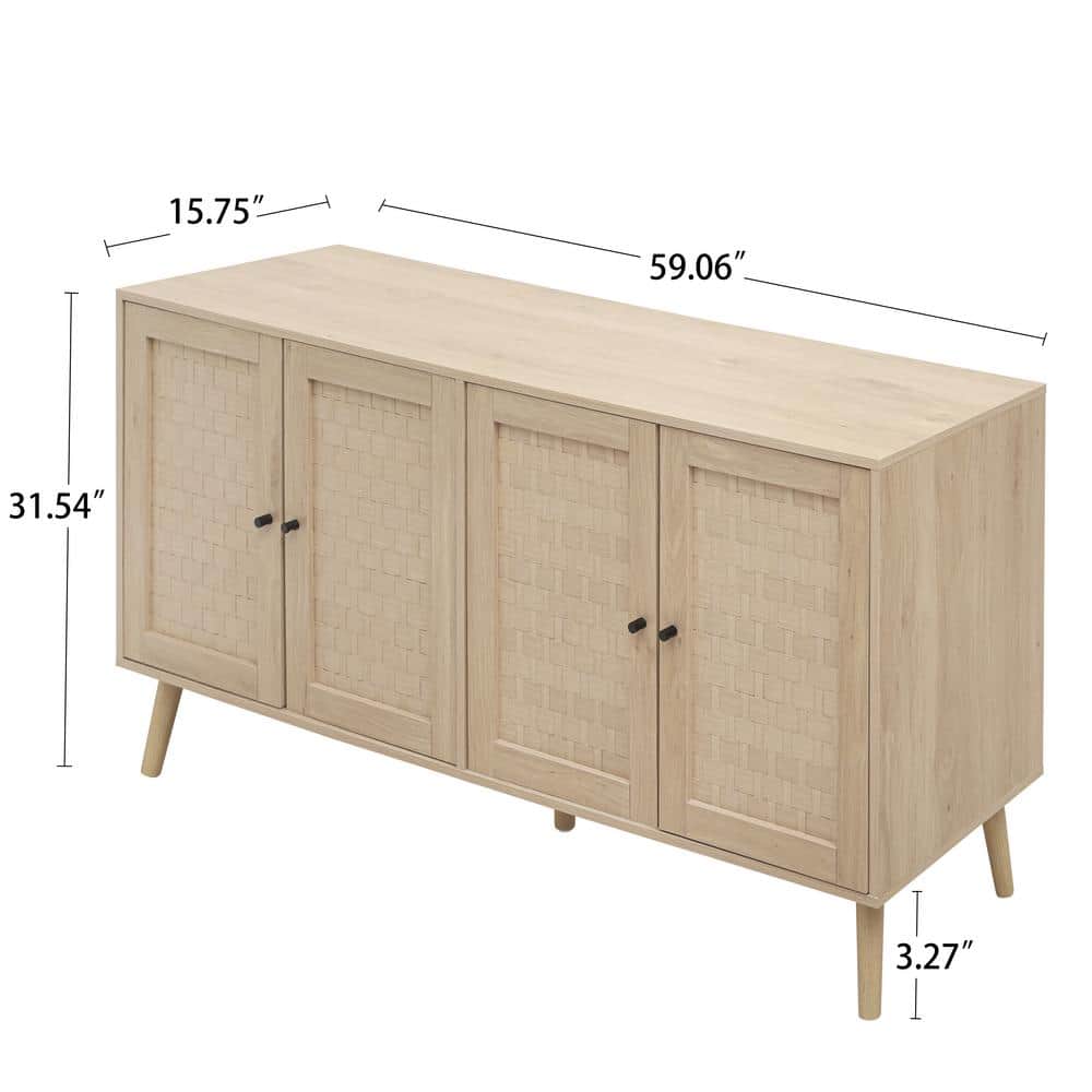 Light Brown MDF and Pine Wood 4-Door Pantry Organizer Cabinet