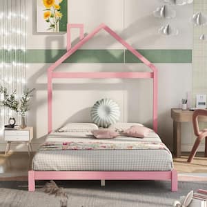 Pink Full Size Wood Platform Bed Frame with House Shape Headboard, Low Profile Full Kids Platform Bed with Wooden Slats