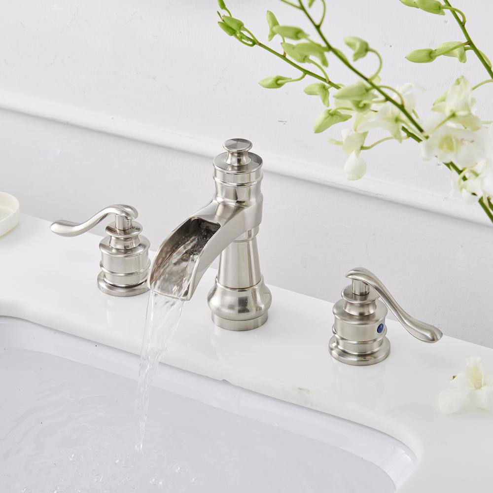 Brushed Nickel 8-Inch Widespread Waterfall Bathroom Faucet with Lever Handles