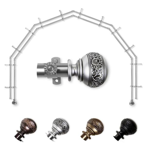 EMOH 13/16" Dia Adjustable 6-Sided Double Bay Window Curtain Rod 28 to 48" (each side) with Douglas Finials in Satin Nickel