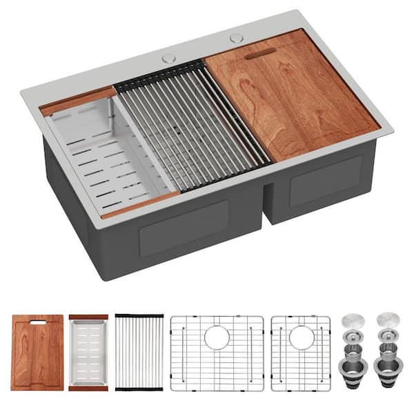 33 in. Drop-In 60/40 Double Bowl 16 Gauge Stainless Steel Kitchen Sink with Bottom Grids