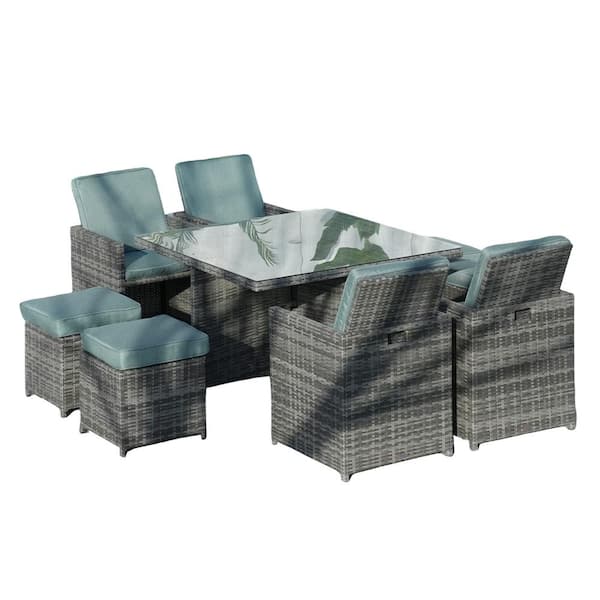 DIRECT WICKER Industry Grey 9 of Piece Wicker Square Outdoor Dining Set with Celadon Cushions