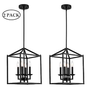 12 in. 4-Light Modern Rectangle Lantern Pendant Light with Mate Black (2-Pack)