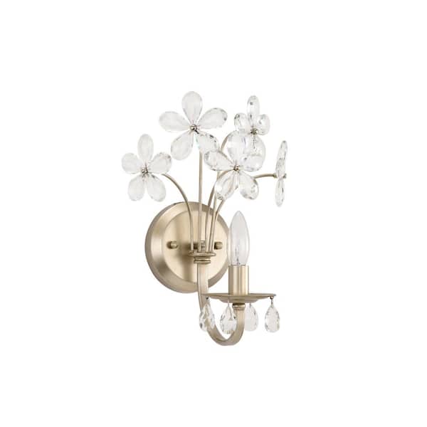 Jojospring Kay 9.6 in Wide 1-Light Brushed Silver-ish Champagne Daisy Flower Glass Crystal Wall Sconce