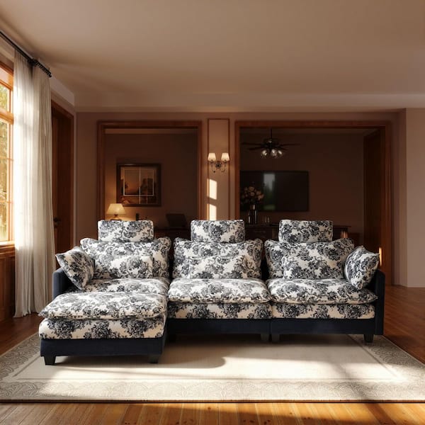 112.2 in. Square Arm 4-Piece Chenille and Velvet L-Shaped Sectional Sofa with Ottomans and Pillows in Blue Floral