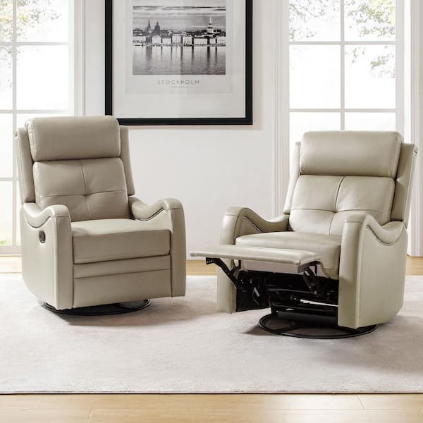 Gema Beige Genuine Leather Swivel Rocker Recliner with Nailhead Trims for Living Room (Set of 2)