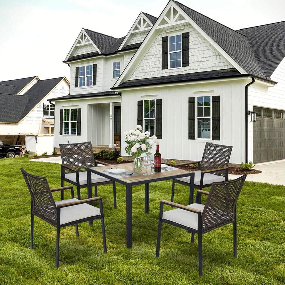 5-Piece Brown Wicker Outdoor Dining Sets with Acacia Wood Table Top Dining Table and 4 Chairs with Cushions in Gray price history on PriceWatchPro